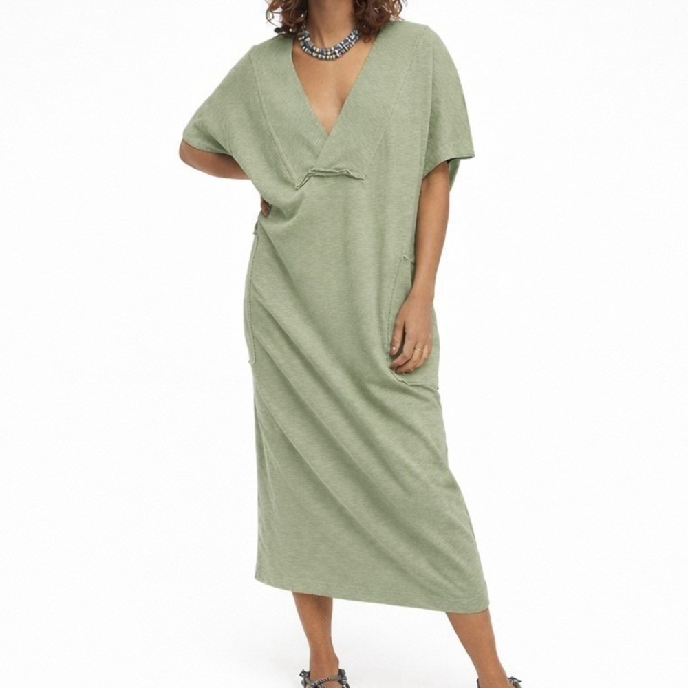 Free People Beach Sz Large Sunshower Maxi 100% Cotton Green Summer Dress Pockets